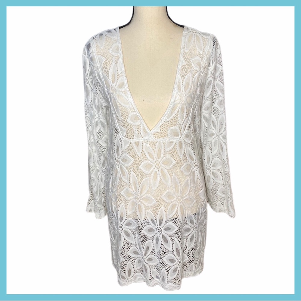 J Valdi White Flower Lace Swim Cover Up